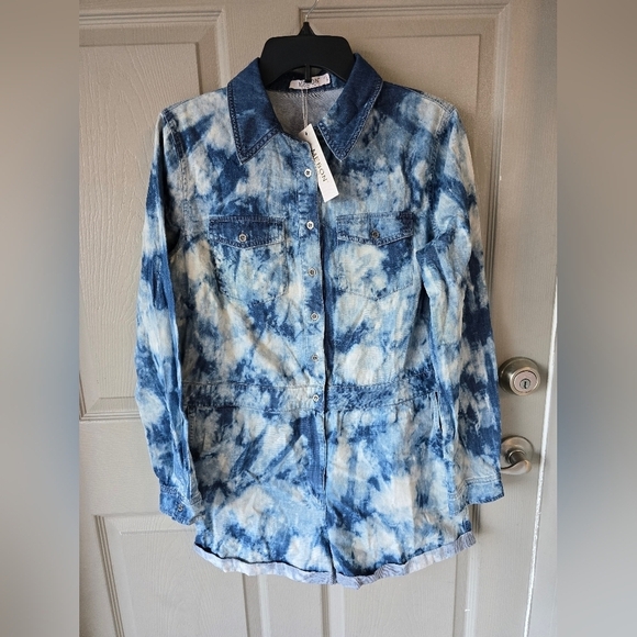 Mebon Machine Chambray Romper Jumpsuit Women L Blue Denim LongSleeve Tye Dye - Picture 2 of 16